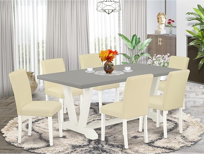 East West Furniture V097AB264-7 7 Piece Kitchen Table & Chairs Set Consist of a Rectangle Dining Table with V-Legs and 6 White Faux Leather Parson Dining Chairs, 40x72 Inch, Multi-Color