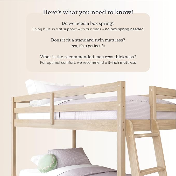 Grain & Grove Bear Twin Over Twin Bunk Bed, Low Bunk Bed Frame for Kids, Bunk with Ladder, Guardrail and Slats, No Box Spring Required, Oak Embossed Natural