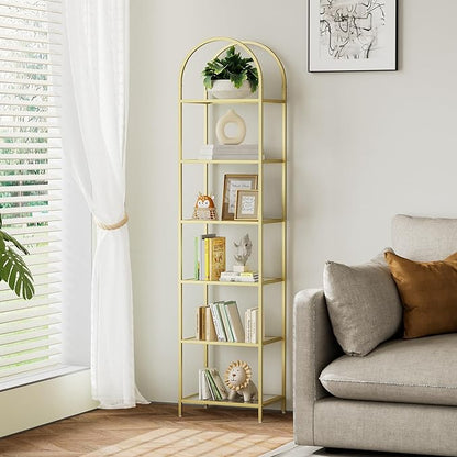 Homhedy Bookshelf Arched Display Racks,Metal Bookcase,Tempered Glass Shelves,Storage Rack Shelf for Home Office,Living Room,Bedroom, Bathroom,Modern Style (Golden, 11.8" D x 13.8" W x 68.1" H)