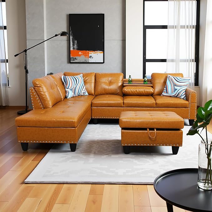L Shaped Couch PU Leather Sectional Couch Upholstered 3 Pieces Sofas for Living Room with Chaise, Storage Ottoman for Office and Small Apartment, Ginger