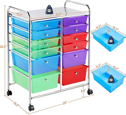 Yaheetech 12 Drawers Rolling Storage Cart Multipurpose Movable Organizer Cart Tools Scrapbook Paper Organizer on Wheels, Multicolor