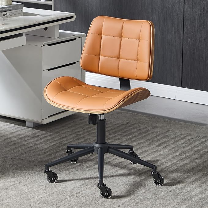 Home Office Desk Chair with Wheels, Adjustable Height Armless Office Chair, PU Leather Mid Back 360° Small Computer Chair, Modern Walnut Chair No Arms for Office, Reading Meeting Room(Brown)