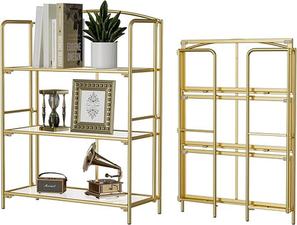 Crofy No Assembly Folding Bookshelf for Living Room, 3 Tier Gold Collapsible Book Shelf for Home Office, Portable Bookcase Storage Organizer