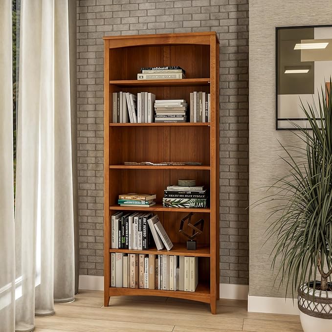 Camaflexi Shaker Style 6 Shelf Bookcase / Solid Wood / 72 inch Tall / Adjustable Shelving / Closed Back / Display Bookshelf for Living Room, Bedroom, Home and Office, Cherry