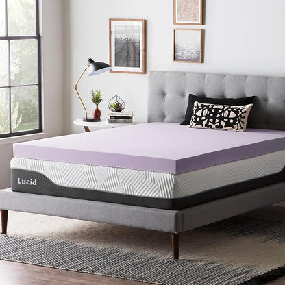 Lucid 4 Inch Lavender Infused Memory Foam Mattress Topper - Ventilated Design – Pressure Relieving Bed Topper - Mattress Pad – CertiPur Certified - Queen Size
