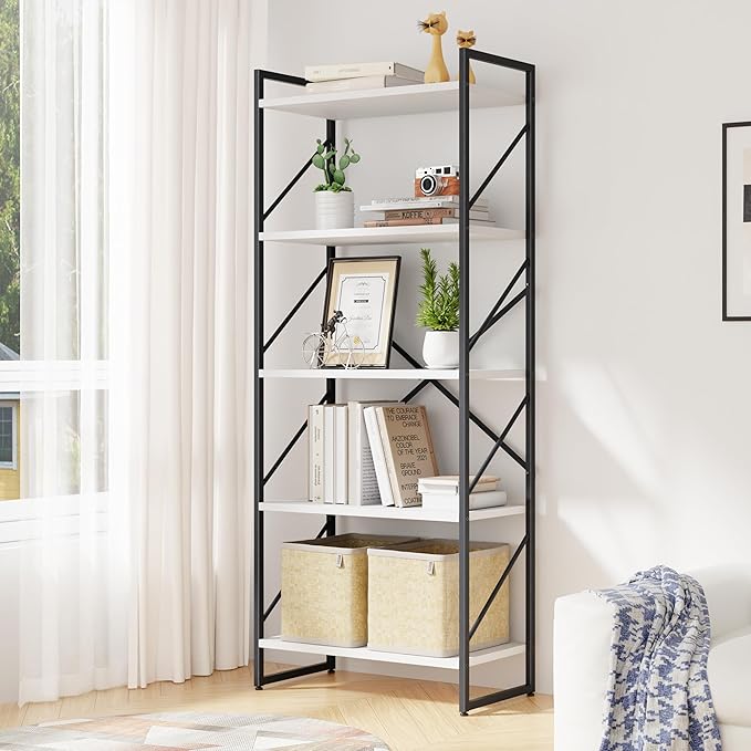 Bookshelf, 5 Tier Bookshelves, Home Office Bookcase Shelf Storage Organizer, Free Standing Storage Shelving Unit for Bedroom, Living Room and Home Office,White