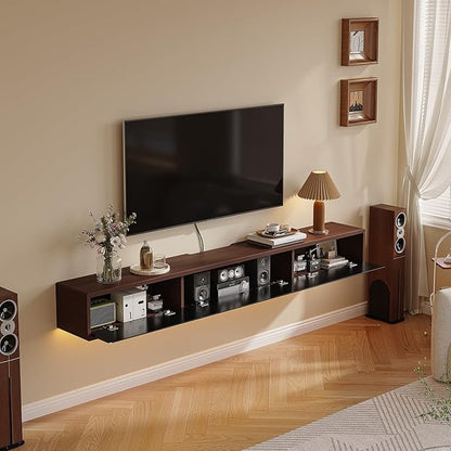 Floating TV Stand Matte Finish, 86'' Wall-Mounted TV Cabinet,Floating TV Console,Under TV Shelf with 3 Doors for Living Room Bedroom(Walnut+Black)