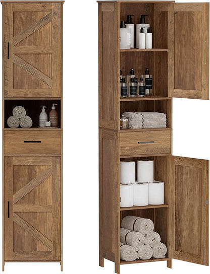 Homhedy 67" H Tall Bathroom Storage Cabinet with 2 Barn Doors and 1 Drawer, Narrow Storage Unit, Adjustable Shelves, Floor Cabinet for Bathroom, Living Room, Entryway, Kitchen, Rustic Walnut, (15.7"W)