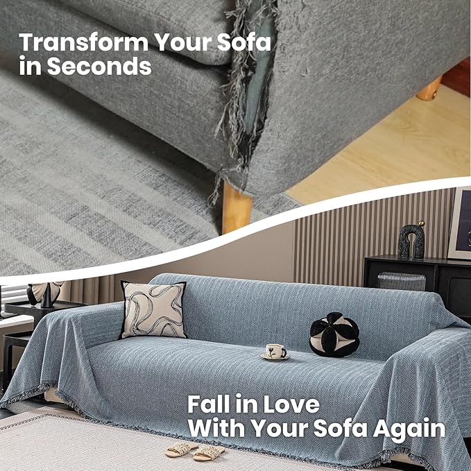 Nobildonna Sofa Cover Washable Soft Thicken Chenille Couch Cover with Tassel,Waterproof Sofa Slipcover for 3-4 Cushion Couch,Sectional Sofa,L-Shaped Furniture Protector Pet-Friendly,Dusty Blue71 x150
