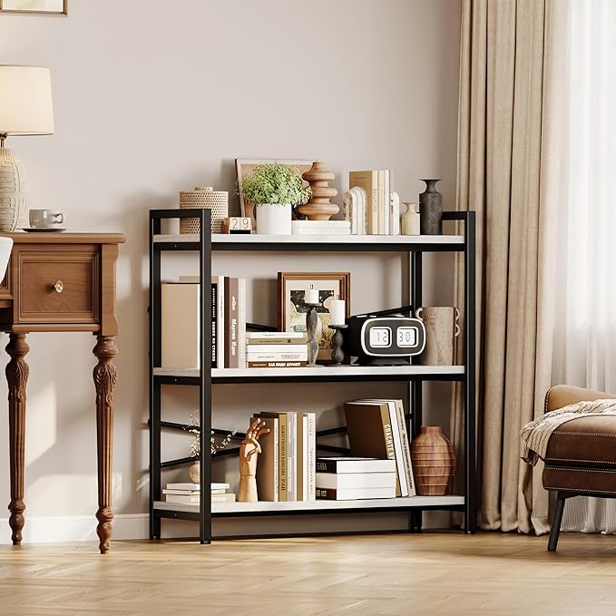 Book Shelf, 3 Tier Bookshelf 31.49" Width, Book Shelf Storage and Organization, Wooden and Metal Industrial Bookcase, Large Book Shelves for Home Living Room Bedroom Office Storage(White)