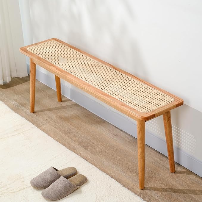Entryway Bench, Solid Wood Dining Bench, Midcentury Modern End of Bed Bench with Rattan Woven Top for Bedroom, Kitchen, Entry Way, 47.2" L x 11.2" W x 17.7" H, Natural