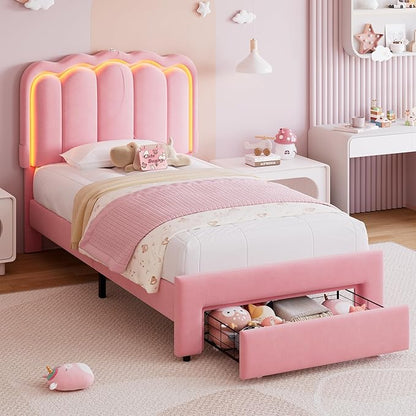 Twin Upholstered LED Bed Frame with Storage Drawer and Adjustable Chic Double Wavy Headboard, Velvet Princess Platform Bed for Girls/Kids, Solid Wood Slats Support, No Box Spring Needed, Pink