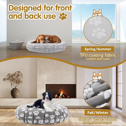 BALAPET Washable Dog Bed Covers Replacement Round Waterproof Bed Cover for Dog Soft Pet Bed Cover with Lovely Dog Paw Print and Double-Sided Usable Design,Cover Only(Gray,30 * 30 * 10in)