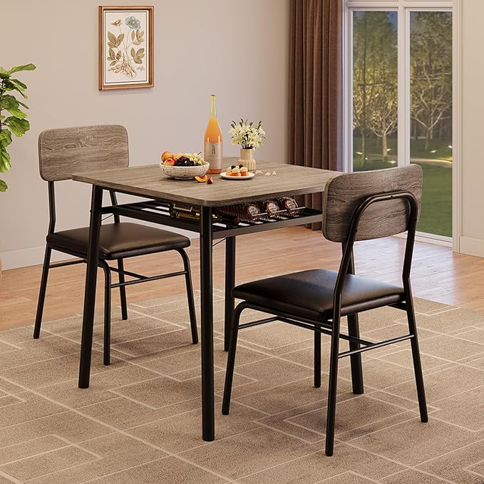 GarveeHome Dining Table for 2 with Storage Rack, Small Kitchen Table for 2 with Metal Frame, Square Table with Upholstered Chairs Set of 2, 3-Piece Dining Room Set for Small Space, Apartment, Gray