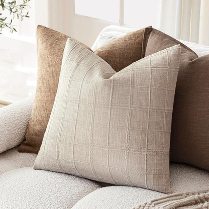 Foindtower Set of 2 Decorative Linen Check Throw Pillow Covers Neutral Farmhouse Vintage Cushion Covers Modern Boho Home Decor For Sofa Chair Couch Bedroom Living Room Outdoor,24×24 Inch,Natural Linen
