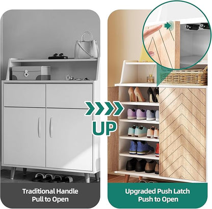 YITAHOME Shoe Cabinet with Doors, 5-Tier Shoe Storage Cabinet with Open Shelves, Large Capacity Wooden Shoes Rack Organizer with Pine Wood Legs for Entryway Hallway Closet, White & Oak Color