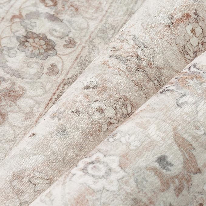 8x10 Area Rug Washable Living Room Vintage Beige Carpet Bedroom Large Indoor Non Slip Soft Low Pile Thin Stain Resistant Distressed Accent Throw Rug for Dining Office Nursery