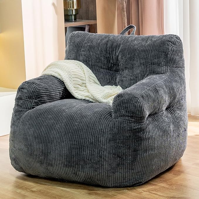 Giant Bean Bag Chair, Faux Fur Large Bean Bag Chair for Adults, Fluffy and Comfy Giant Bean Bag Chair with Filler, Big Bean Bag Sofa Chair for Reading, Gaming, Grey