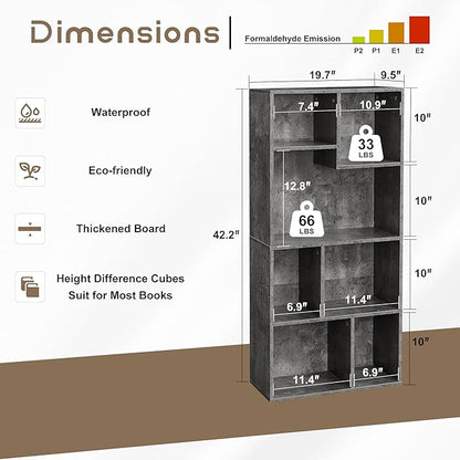VECELO 42" Contemporary Bookshelf, 7 Cube Organizer Bookcase,Fits Tallest Hardcovers, Horizontal Available,Floor Standing Display,Easy Assembly, Gray