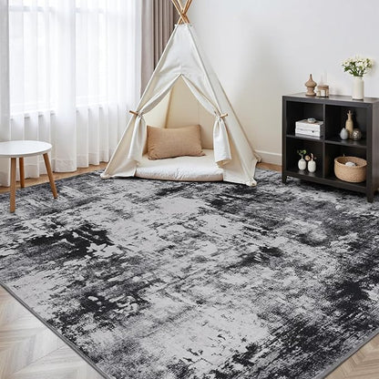 Rugflix 8x10 Area Rugs for Living Room, Washable Large Rug Stain-Resistant Low Pile, Modern Dark Carpet for Dining Room Home Office Kid Room Nursery Bedroom, Black Grey
