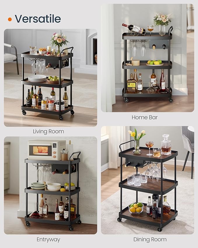 SONGMICS HOME Bar Cart, Home Bar Serving Cart with 3-Tier Shelf, Flexible Wine Bottle Rack and Glass Holder, Drink Beverage Cart, Microwave Cart, Kitchen, Natural Walnut and Ink Black ULRC291B01