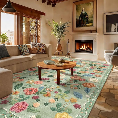 9x12 Area Rug Washable Rugs: Large Living Room Rug Stain Resistant Non Slip Distressed Vintage Floral Rug Low Pile Faux Wool Soft Green Rugs for Bedroom Farmhouse Dining Room Kids Playroom Nursery