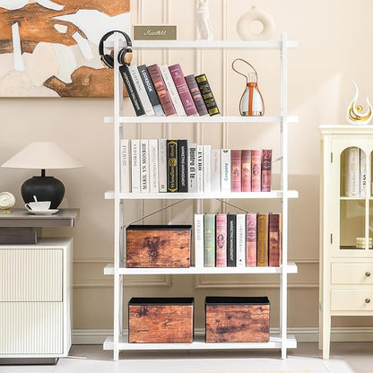 HCHQHS Bookshelf, 5-Tier Industrial Bookcase, White Open Book Shelf, Freestanding Tall Bookshelves with Metal Frame