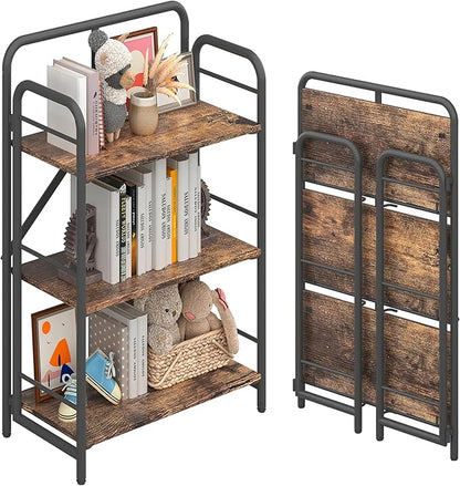 4NM No Assembly Folding Bookshelf 3 Tiers Vintage Industrial Black Book Shelf Metal Foldable Storage Bookcase and Bookshelves for Living Room,Bedroom and Kitchen - Rustic Brown