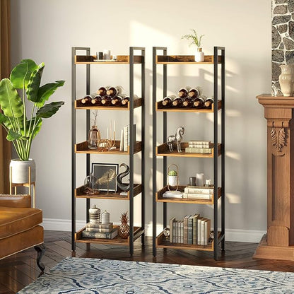 Rolanstar Bookshelf, 5-Tier Storage Rack, Narrow Corner Bookshelf, Display Wooden Shelves for Living Room, Bathroom, Balcony, Kitchen,Rustic Brown