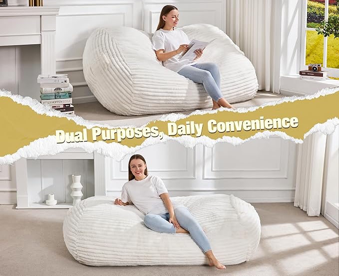 Hobestluk 5FT Bean Bag Chairs Adult Bean Bag with Portable Handle Comfy Large Bean Bag Lounge Chair with Removable Cover for Living Room Bedroom (Stripe White, 5FT)