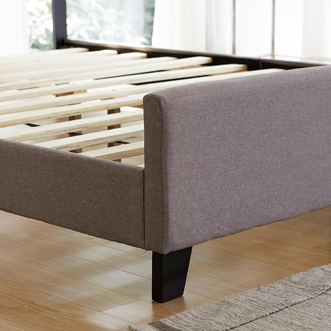 Livinia Amelia Queen Size Platform Bed, Fabric Upholstered Queen Bed Frame with Height Adjustable Headboard Footboard, Strong Wood Slats, No Box Spring Needed, Brown