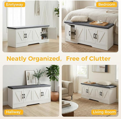 NEWBULIG 2-Tier Storage Bench, 28" Wide Shoe Bench with Padded Seat Cushion, Entryway Bench with 4 Barn Doors and Adjustable Shelf, White