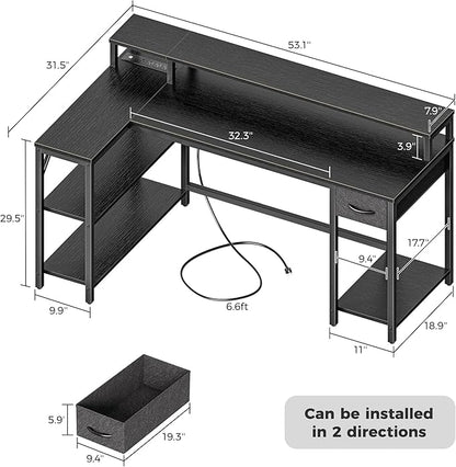 SUPERJARE 53 inch Reversible L Shaped Desk with LED Lights & Power Outlets, Computer Desk with Shelves & Monitor Stand, Gaming Desk with Drawer, Home Office Desk Corner Desk, Black
