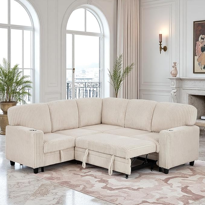 Couch, L-Shaped Sleeper Sofa with Storage, Sectional Couches for Living Room, 5-Seat Couch with Pull Out Bed, Convertible Sofa with USB Charging, for Living Room, Apartment, Beige