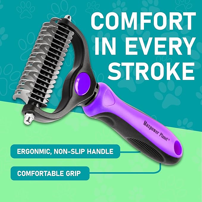 Maxpower Planet Pet Grooming Brush - Double Sided, Extra Wide for Dogs and Cats - Dematting Undercoat Rake, Reduces Shedding by 95%, Purple