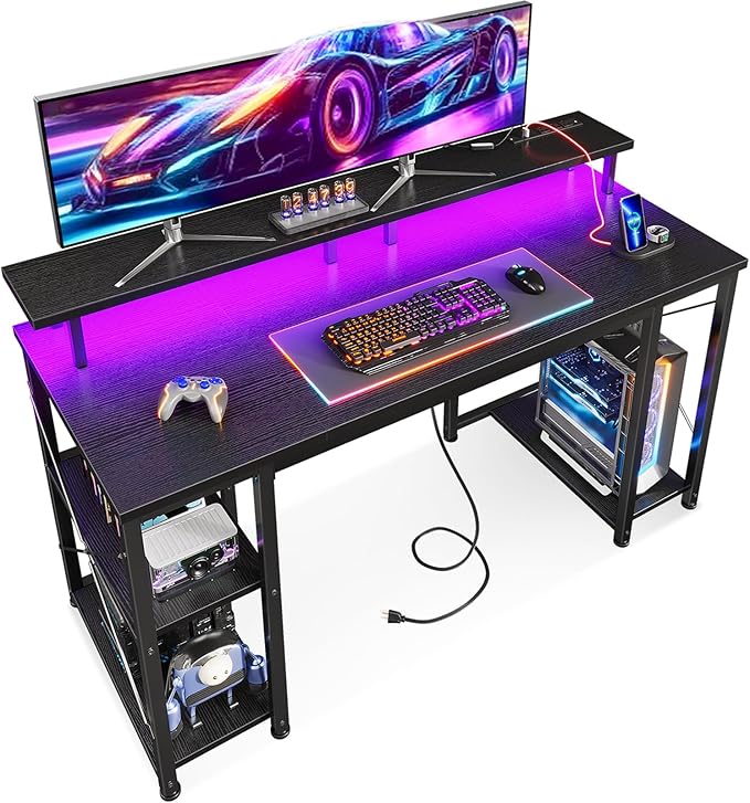 ODK 48 Inches Gaming Desk with LED Lights, Computer Desk with Monitor Stand, Pc Table with CPU Stand, Deep Black