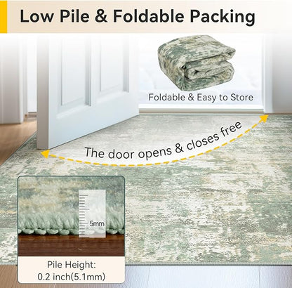 Washable Area Rugs 3'x5' Non-Slip Modern Abstract Soft for Living Room Entryway Bedroom Nursery, Print Pattern, Light Green/Yellow