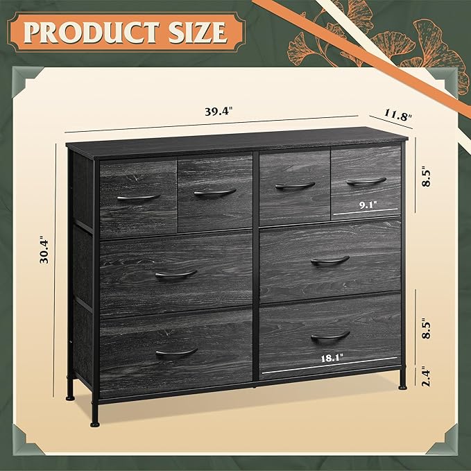 WLIVE Dresser for Bedroom with 8 Drawers, Wide Fabric Dresser for Storage and Organization, Bedroom Dressers, Chest of Drawers for Living Room, Closet, Hallway, Charcoal Black Wood Grain Print