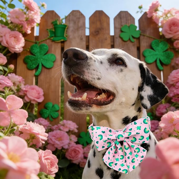 Maca Bates St. Patrick's Day Shamrock Dog Collar,Sailor Bow,Medium Girl Boy Dogs, Pink,Green Rainbow,Four Leaf Clover Pattern,Adjustable Durable Soft Collars Irish Gift for Male Female Puppy