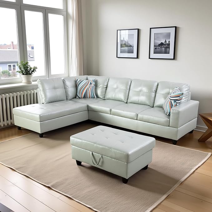 L Shaped Couch PU Leather Sectional Couch Upholstered 3 Pieces Sofas for Living Room with Chaise, Storage Ottoman for Office and Small Apartment, Silver Green