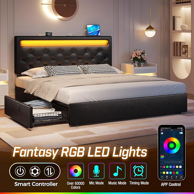 Rolanstar Queen Bed Frame with 4 Storage Drawers and Charging Station, Queen Bed with Led Lights, 2 USB & 1 Type C, Adjustable Headboard 38.9/40.8 Inches, No Box Spring Needed, Black