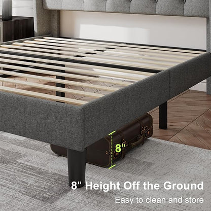 Feonase Full Size Bed Frame with Upholstered Wingback Headboard, Platform Bed and Heavy Duty Wooden Slats Support, Easy Assembly, Noise-Free, No Box Spring Needed, Light Gray