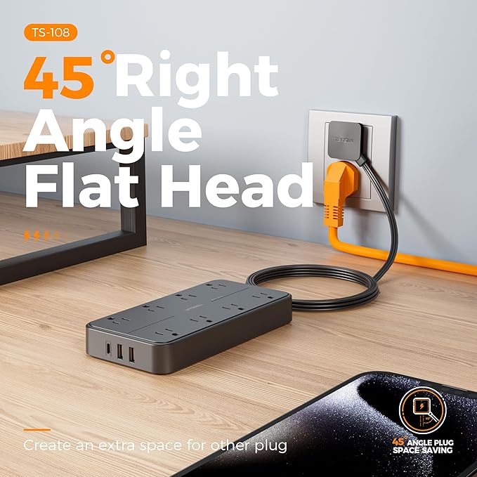 Surge Protector Power Strip, TESSAN Flat Plug Extension Cord with 8 Outlets 3 USB Ports(1 USB C), 1080 Joules Protection, 6 Ft, Wall Mountable Charging Station for Home Office Dorm Room Essentials