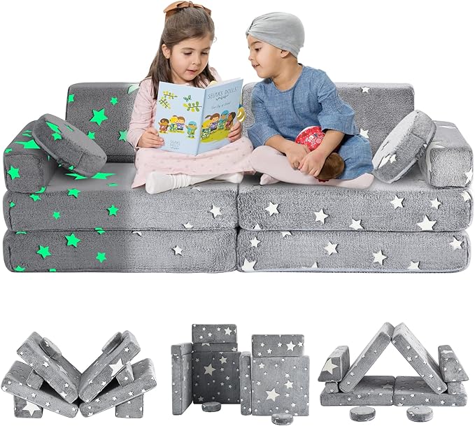 10Pcs Kids Play Couch,Toddler Sofa,Modular Kids Couch for Playing, Creativing, Sleeping (Luminous Color)