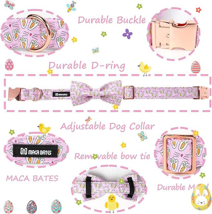 Maca Bates Rabbit Foot Dog Collar with Fancy Bow Tie for Medium Girl Boy Dogs, Pink Bunny Pattern,Adjustable Durable Soft Breakaway Collars Easter Day Gift for Male Female Puppy