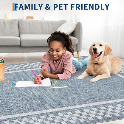 Rug Runners for Hallways 2x8 Washable Kitchen Runner Rug Non Slip Low Pile Bedside Throw Carpet Modern Bordered Bathroom Runners Checkered Area Rug for Living Room Bedroom Entryway Nursery, Blue
