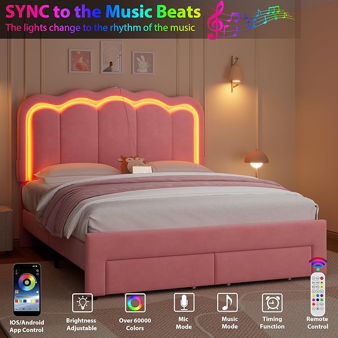 Full Upholstered LED Bed Frame with 2 Storage Drawers and Adjustable Chic Double Wavy Headboard, Velvet Princess Platform Bed with Charing Station, Solid Wood Slats Support,No Box Spring Needed, Pink