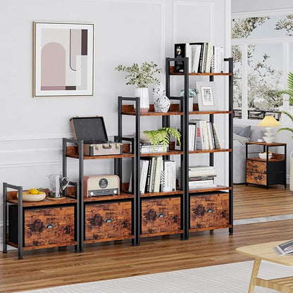 Furologee 5 Tier Bookshelf with Drawer, Tall Narrow Bookcase with Shelves, Wood and Metal Bookshelves Storage Organizer, Industrial Display Standing Shelf Unit for Bedroom, Living Room, Rustic Brown
