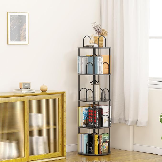 4 Tier Rotating Bookshelf, 360° Spinning Bookshelf Tower, Round Narrow Space Saving for Books and Display, Revolving Bookcase Corner Tall Book Shelf for Small Spaces, Bedroom, Living Room, Black