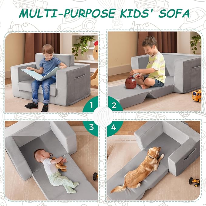 Kids Couch, 2-in-1 Toddler Chair Comfy 1-3 Years Old, Convertible Kids Chair, Toddler Couch That Fold Out, Kid Lounge Chairs for Boys and Girls, Soft Coral Fleece, Grey
